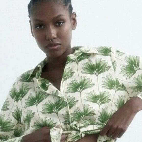 Zara NEW Tropical Cropped Shirt Womens Medium Green Cream Button Tie Waist Top - Picture 4 of 9